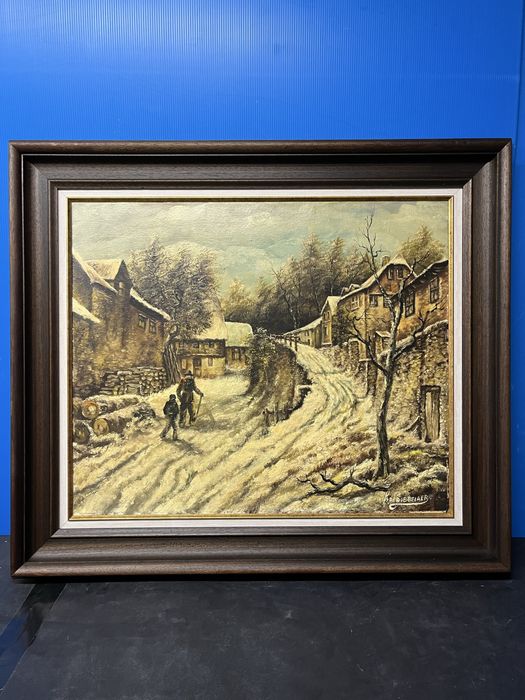 Прекрасен,зимен,селски пейзаж на платно с маслени бои