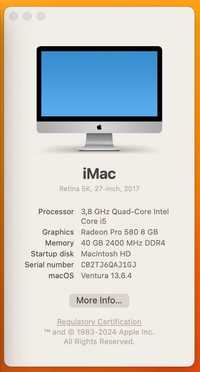 iMac 5k, 2017, 27", 8GB Video Radeon Pro, 40GB Ram,