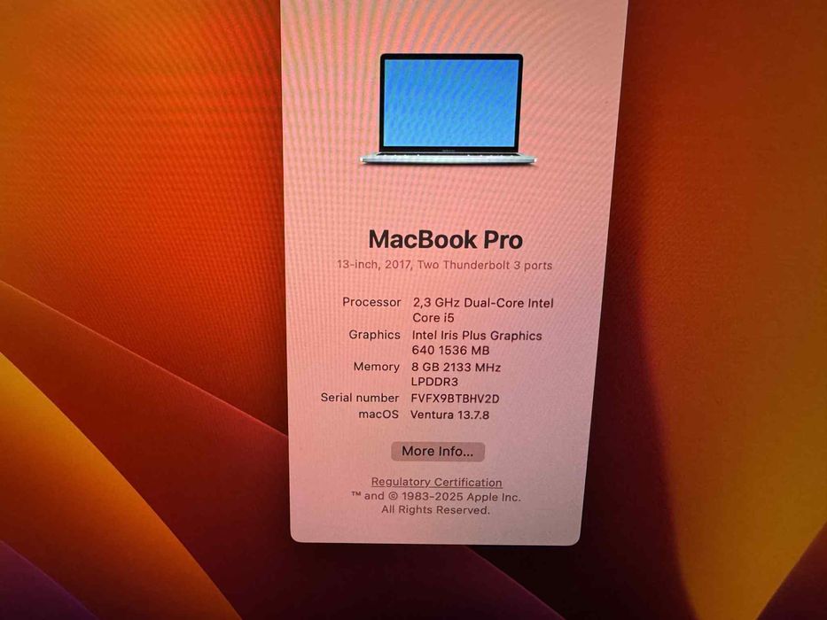 MacBook Pro A1708 13` 2017/SSD 256GB/ i5 2.3-3.6 GHz //8 RAM  2133 MHz