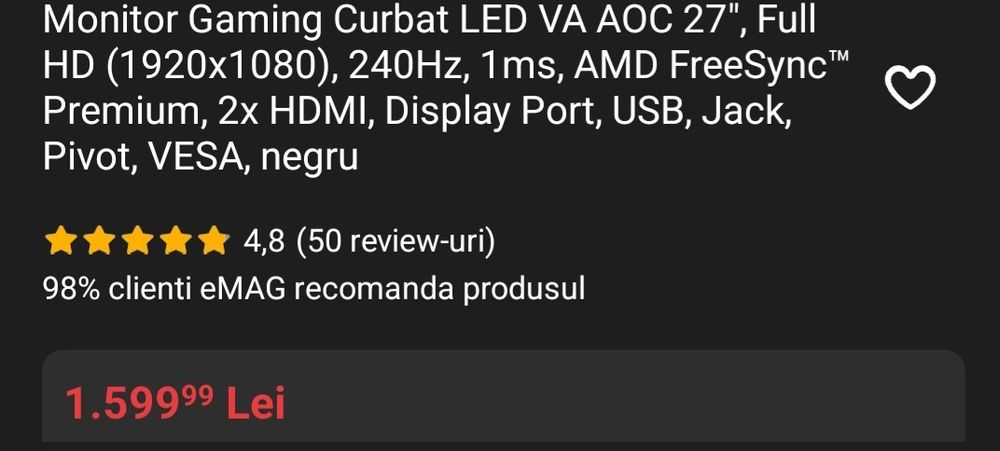 Monitor Gaming curbat AOC 27" 240Hz spart