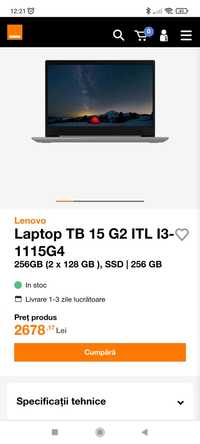 Laptop Lenovo TB 15 G2 ITL I3 1115G4 FHD  8GB 256G produs nou