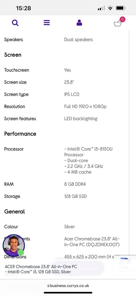 ACER Chromebase 23.8" All-in-One PC - Intel Core i3, 128 GB SSD