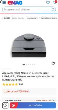 Aspirator robot Neato D10, senzor laser LIDAR, 0.7 1, 300
min, control