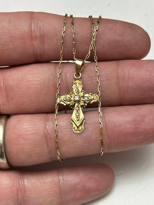 LANT scurt + PANDANTIV AUR 14K - Cruce mica - Grecia - Vintage - 3.5g.