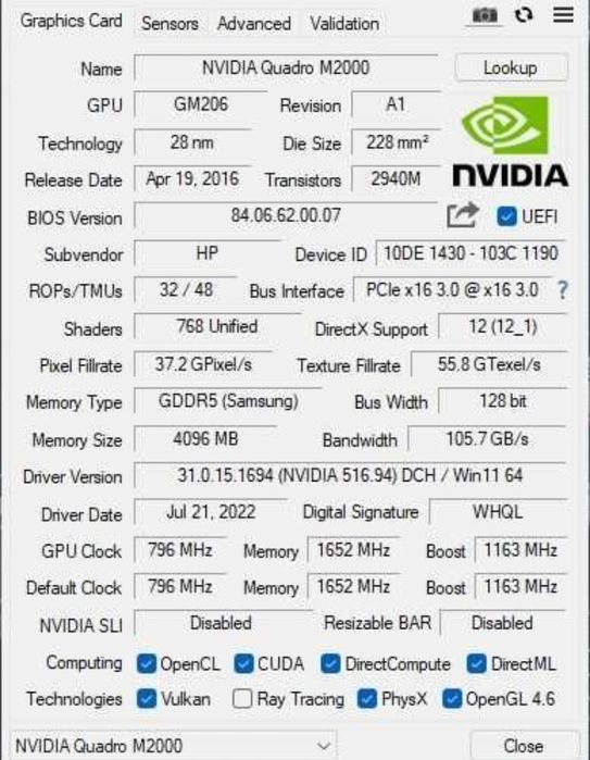 Nvidia Quadro m2000 4gm