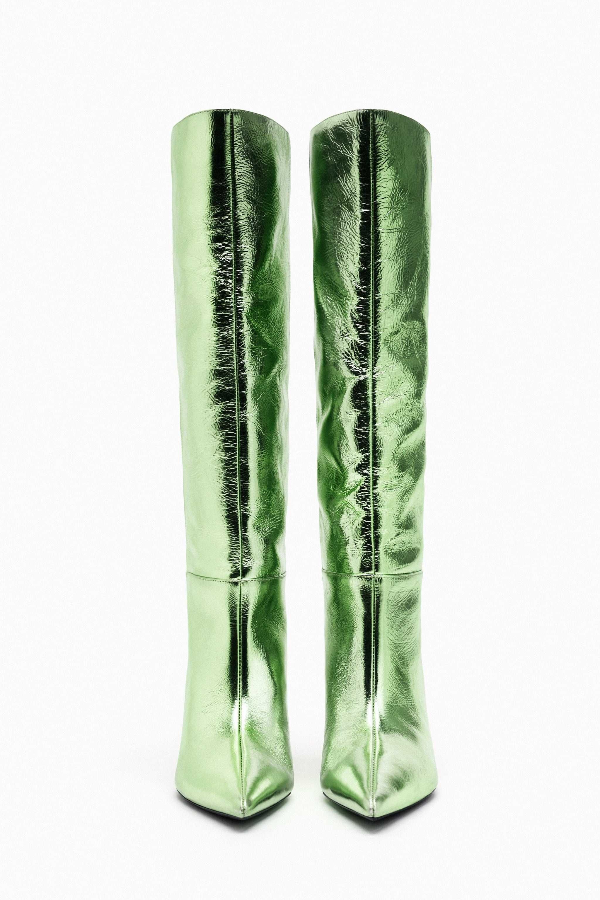 Cizme din piele naturală Zara metalice verde 36