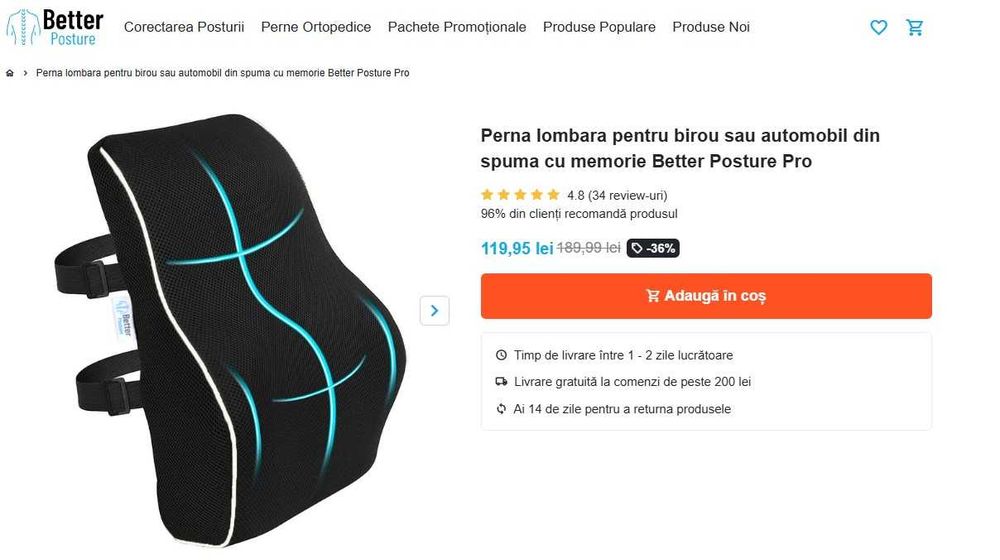 Perna lombara (spate) pentru birou sau masina cu spuma de memorie