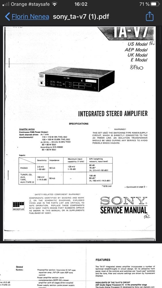 amplificator vintage  SONY INTEGRATED STEREO TA-V7 an 1983