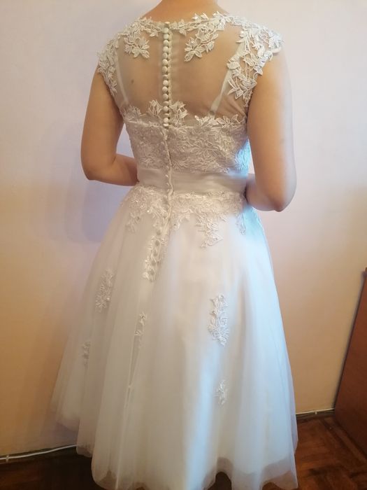 Rochie de mireasa alba scurtă midi mărimea M-L 38-40