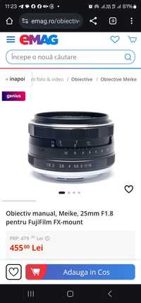 Obiectiv manual, Meike, 25mm F1.8 pentru FujiFilm FX-mount