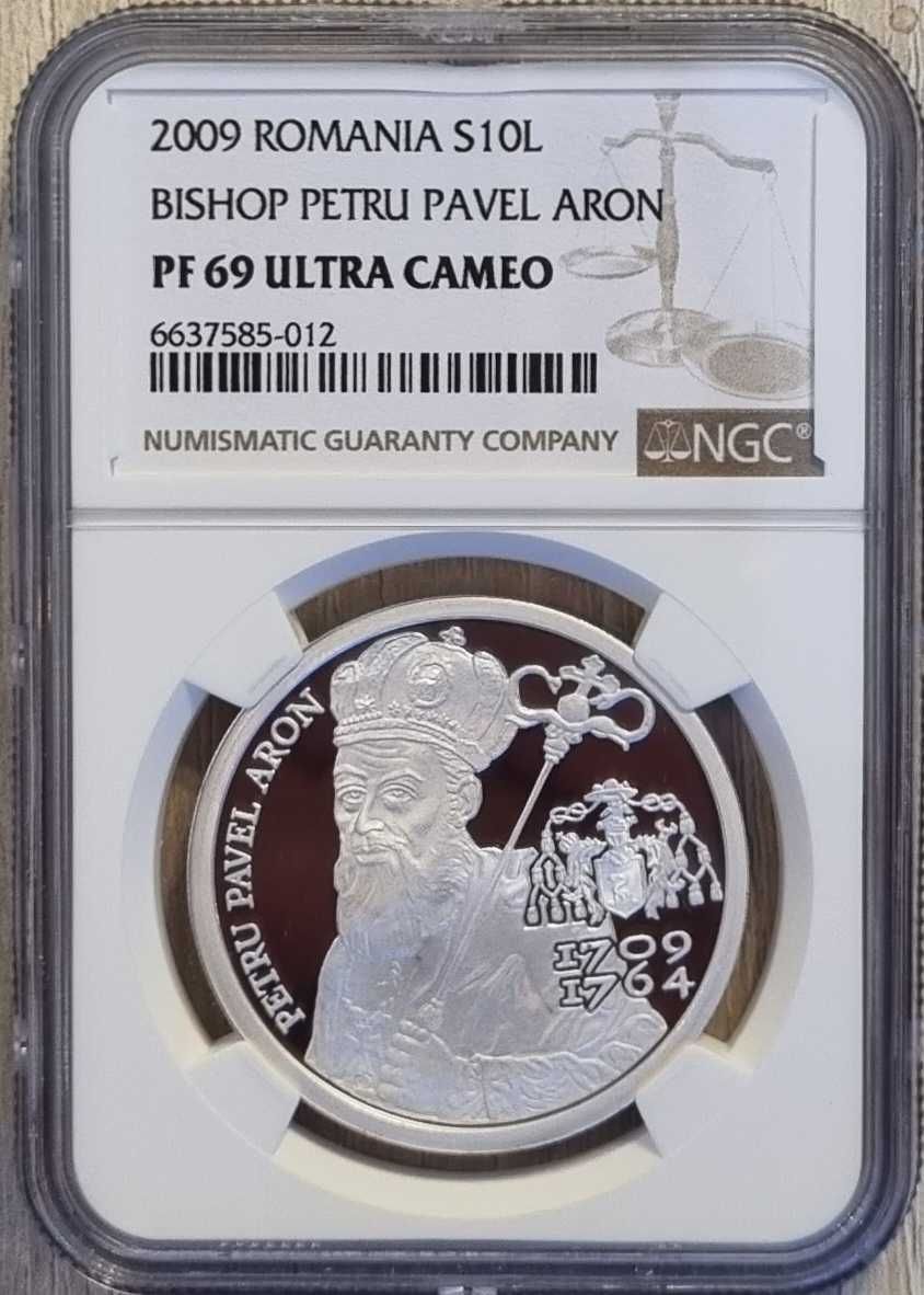 Moneda BNR 10 lei argint episcopul Petru Pavel Aron gradata NGC PF 69