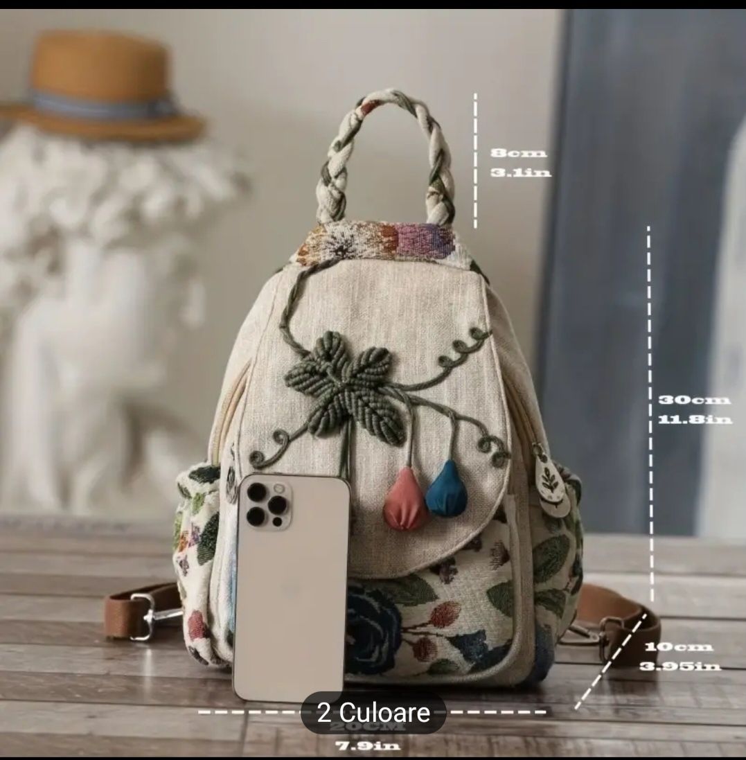 Rucsac cu model floral țesut manual în stil etnic, moda casual