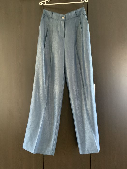 Дамски елегантен широк панталон,син с лек метален блясък 40 размер