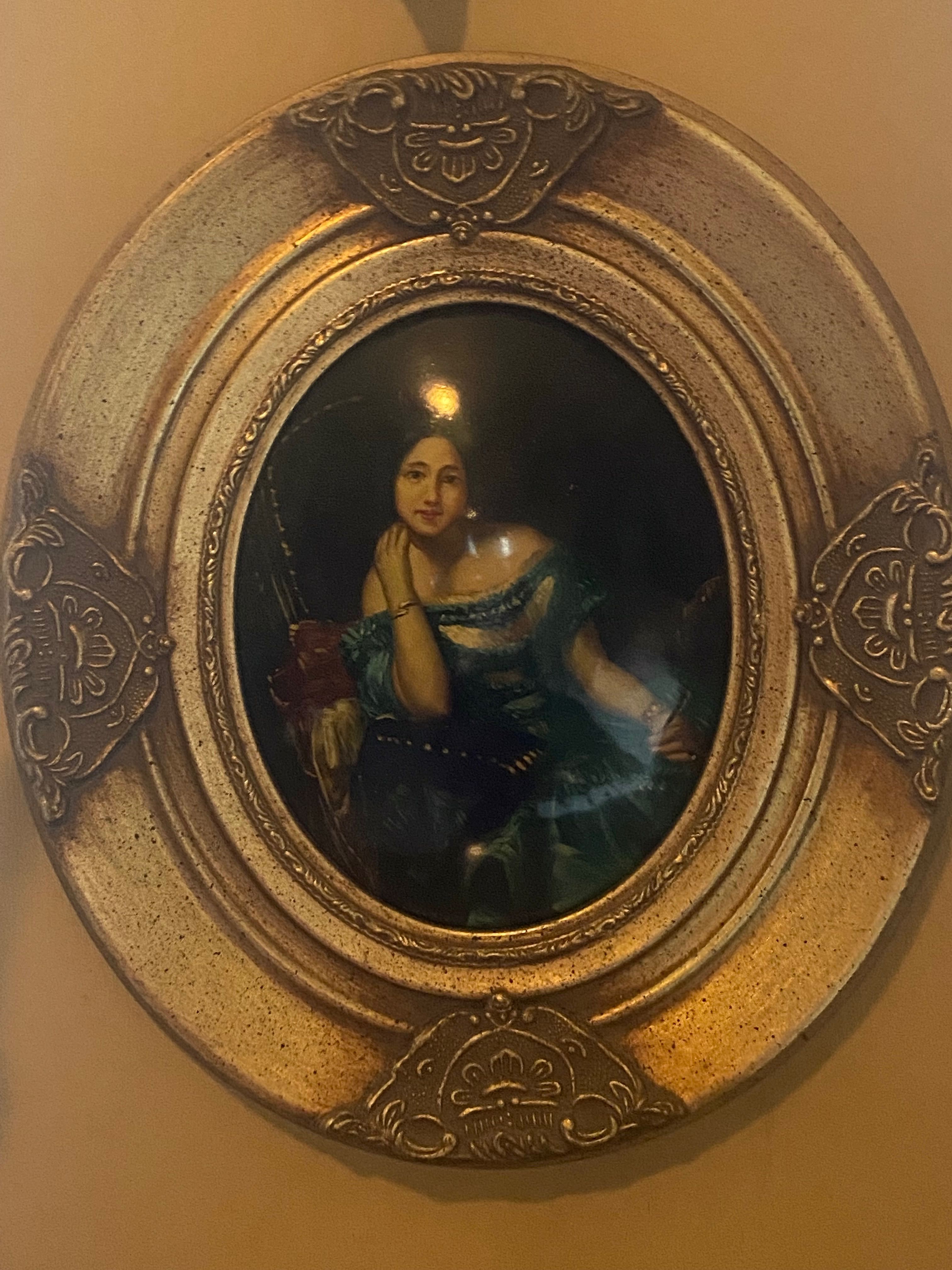 Superbă pictură manuală-Tânără contesă în rochie albastră-Italia
