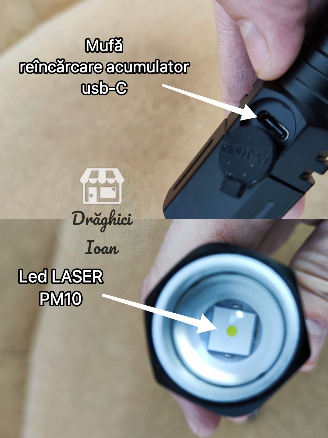 Lanterna mini - led PM10 LASER, din aliaj si cu acumulator 18650
