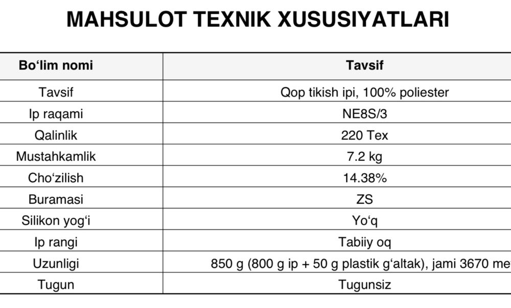 Qop tikadigan ip 100% Poliestr 800 gramlidan
