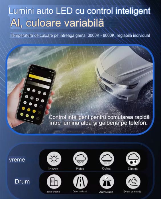 Set Doua Becuri Led H7 Cu Aplicatie Bluetooth Si 3 Nuante De Culori