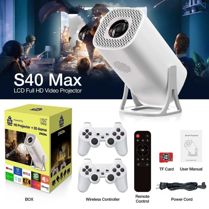 % Нов Смарт проектор S40Max с 35 000 игри Домашно кино 4K, Андроид 11