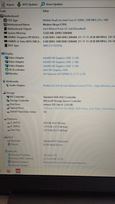 Medion Akoya 17,3 inch, Core I5, 12 GB RAM, SSD 240GB baterie 2 ore
