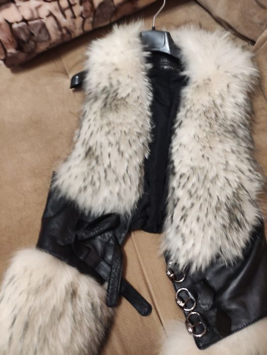 Нов.Уникален.Елек естествена кожа с естествен косъм