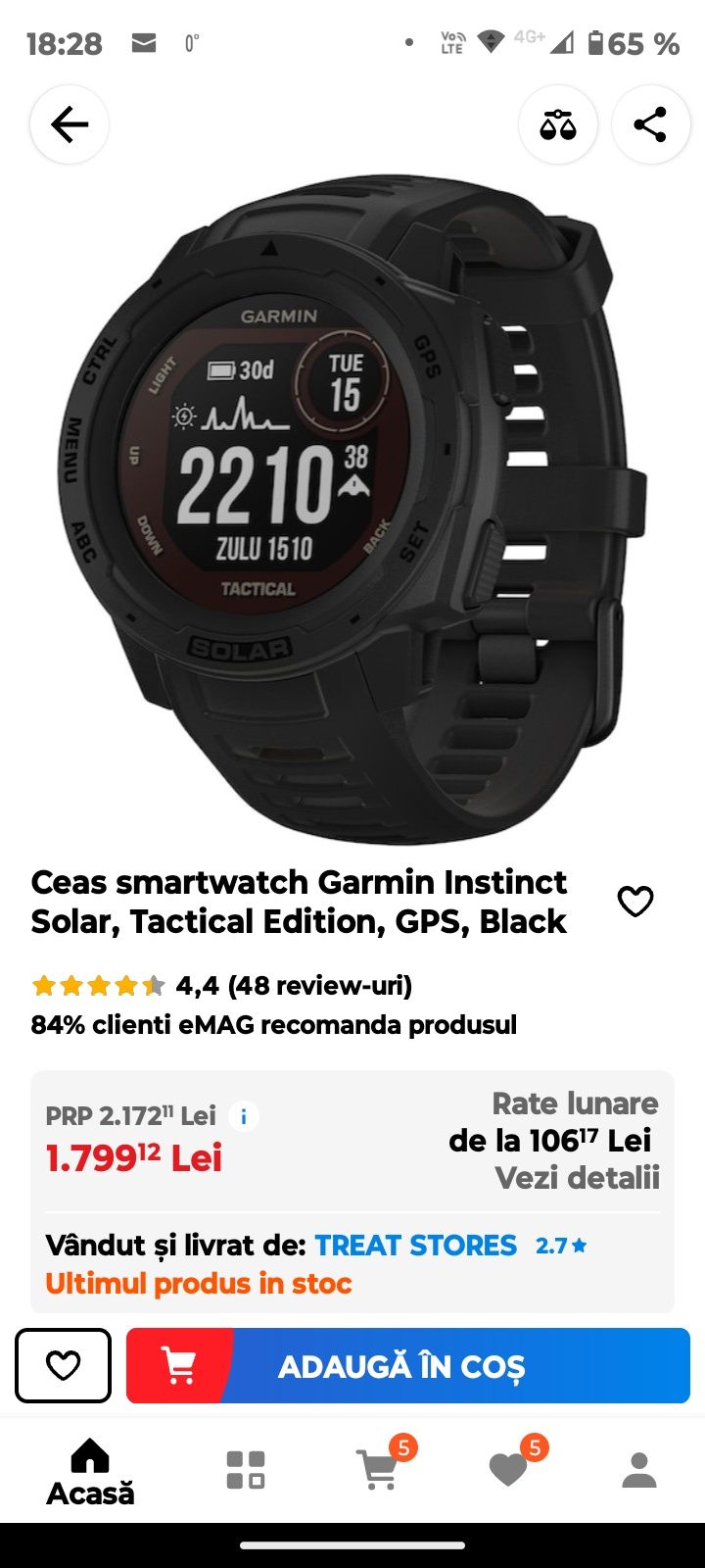 Ceas Garmin  Instinct Solar  Tactical Edition