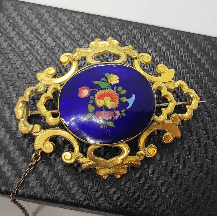Broșă Veche Victoriană Porțelan Pictat