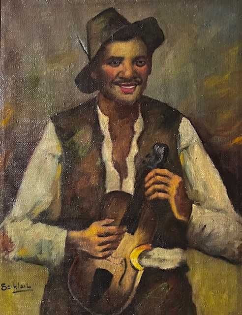 ”MUZICANT” Tablou VECHI, ulei/panza, 80x60cm+rama semnat Sziklai Lajos