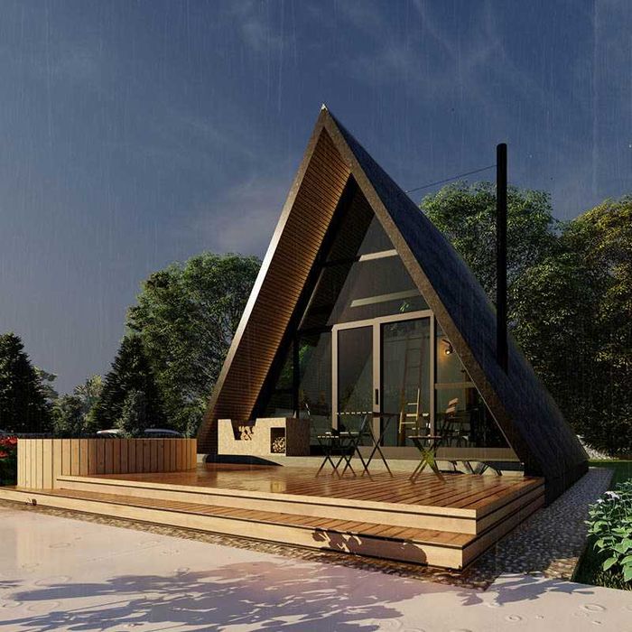 Case moderne pe structura metalica, cabane tip A din lemn