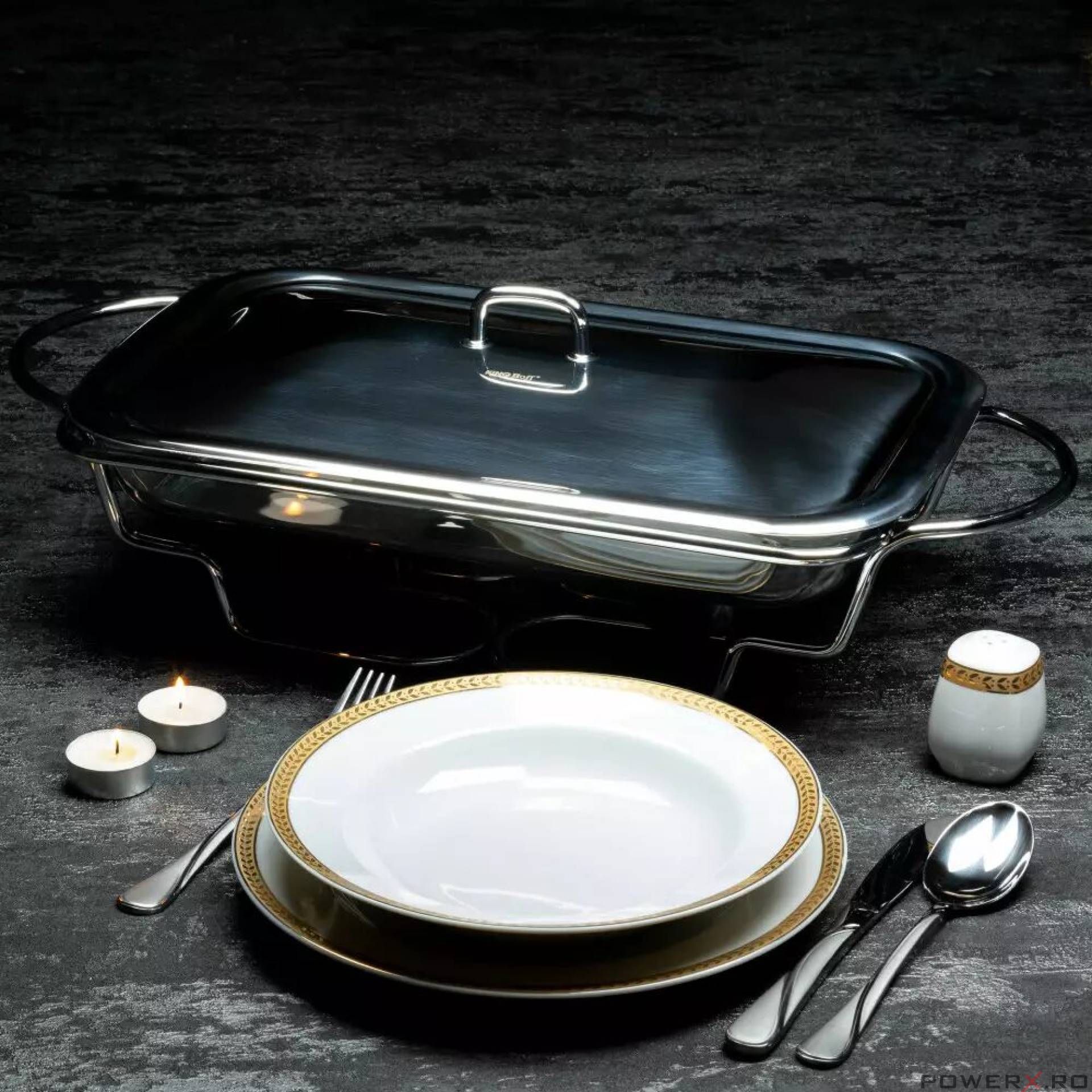 Vas termorezistent, cu incalzitor pentru mancare, chafing dish cu