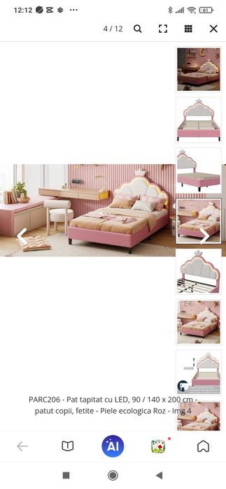 Pat tapițat cu led 90/140x200 cm pat fetițe piele ecologica roz