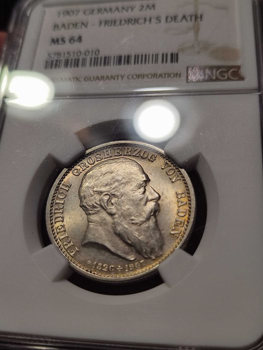 2 марки 1907-G Баден, Германия (сребро) NGC MS 64