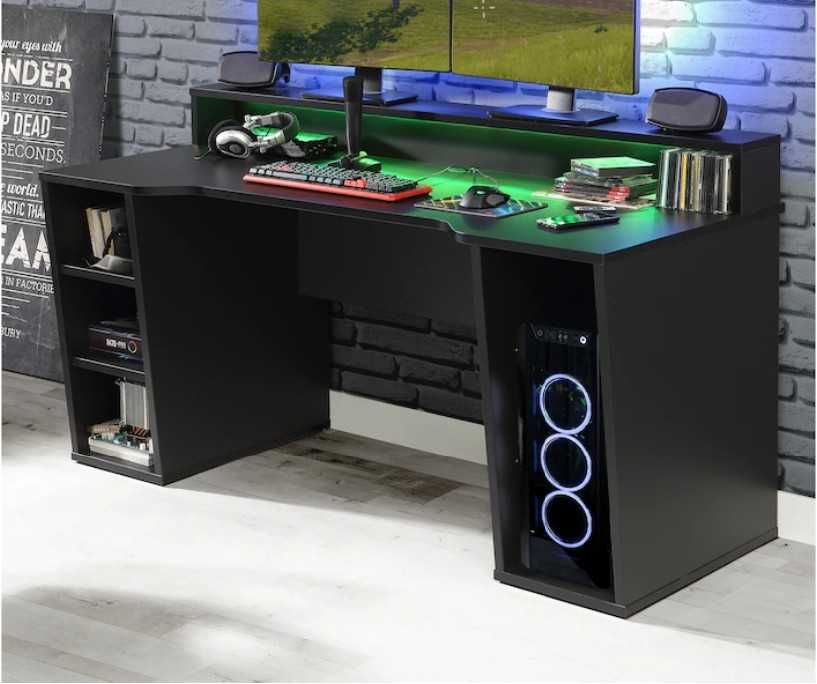 Бюро, 160x91x72 см, Цвят черен + LED