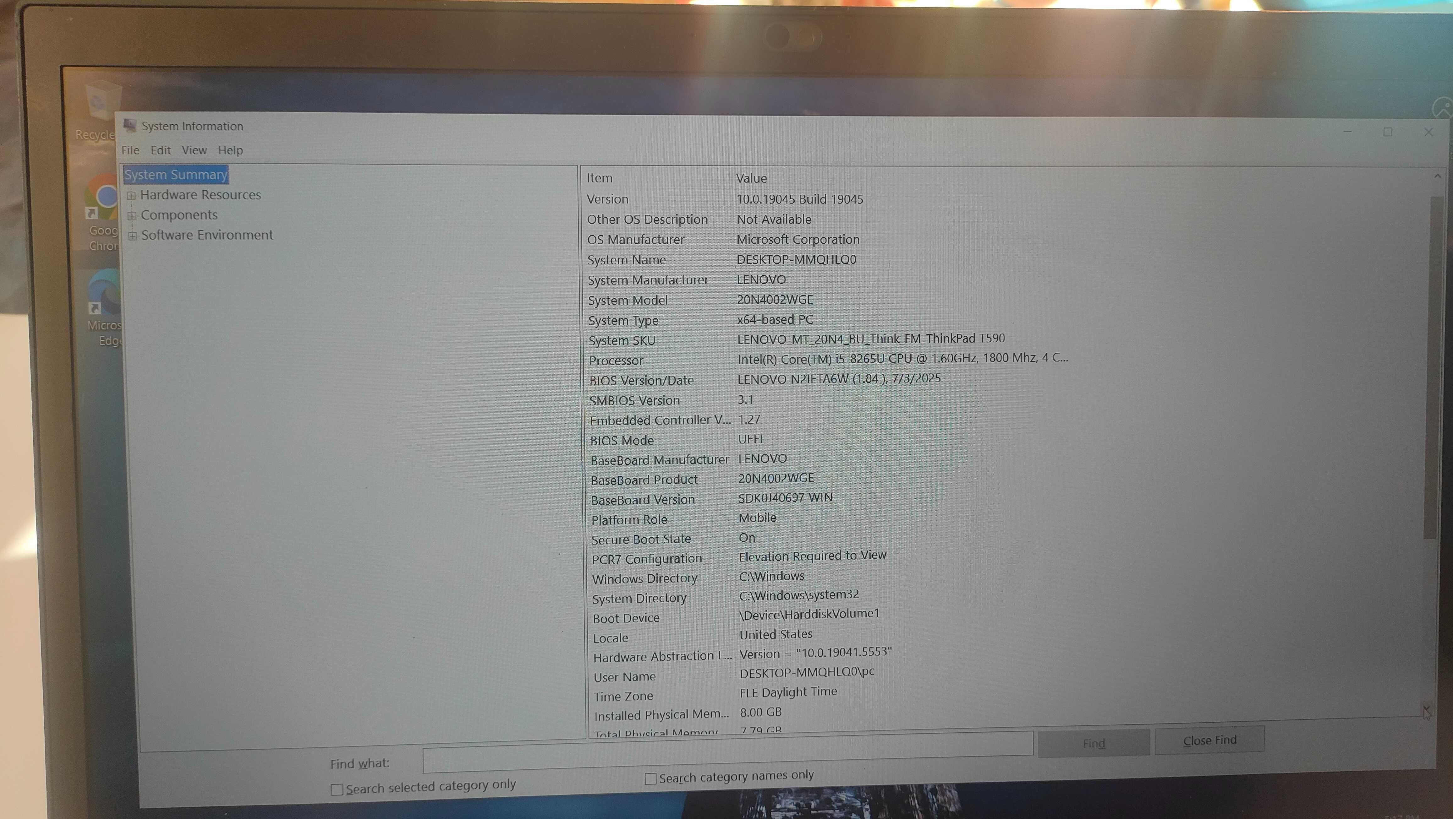 Лаптоп LENOVO THINKPAD T590 /15.6"/I5-8265U/8GB/256GB SSD/FullHD/HDMI