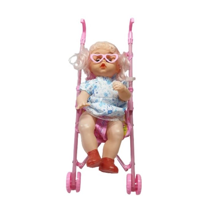 Играчка за деца, Пластмасова кукла в количка, 35 см, модел синя рокля