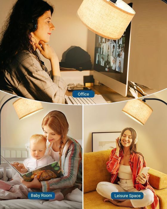 Lampă Arc de Podea EDISHINE 161 cm, Abajur Bej Ajustabil, E27, Negru
