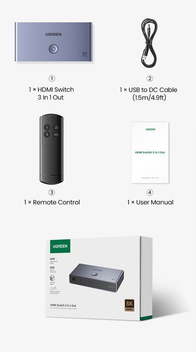 UGREEN HDMI 2.1  Switch 3in1 Переключатель с пультом
