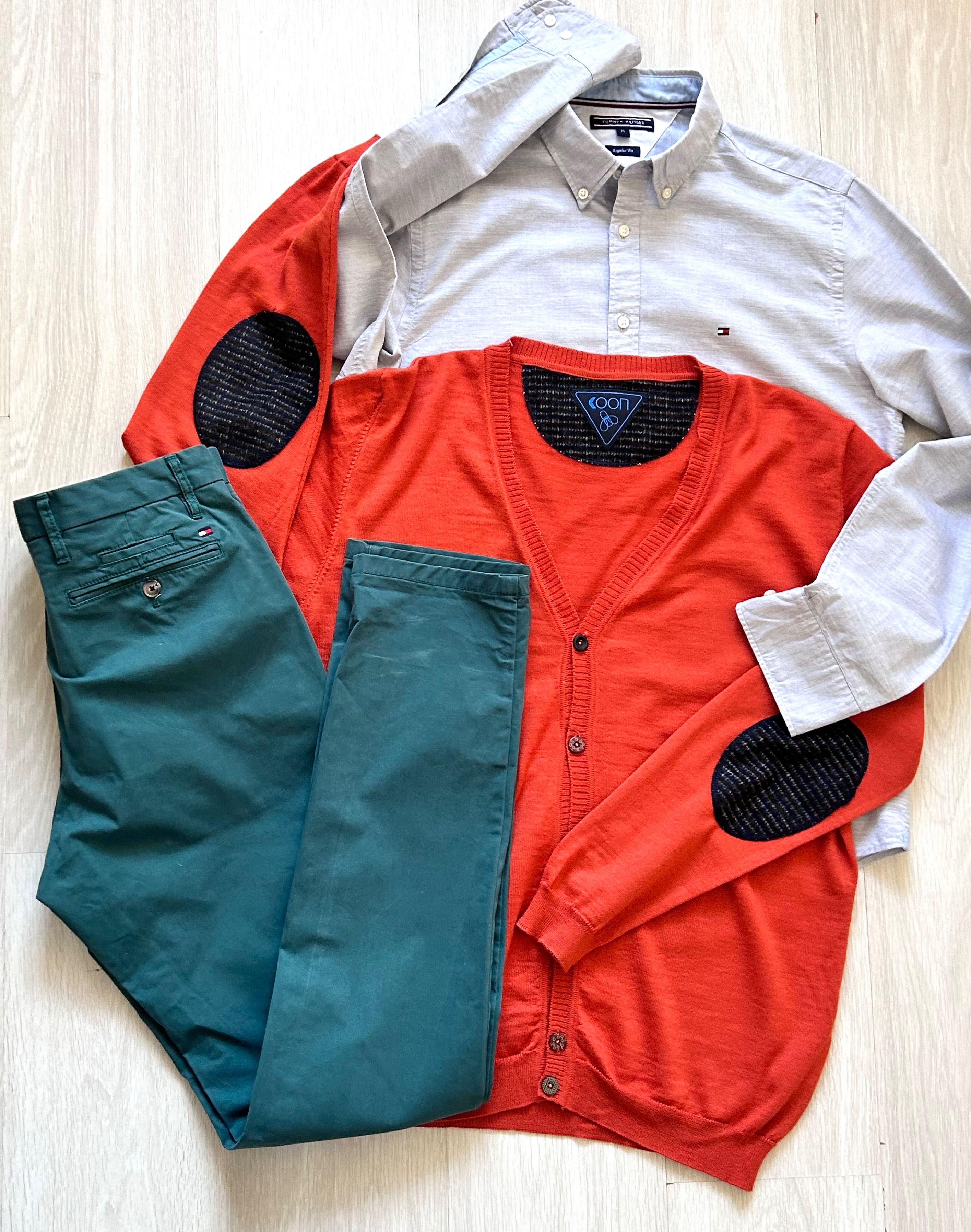 Tommy Hilfiger панталон, риза и авангардна жилетка в оранжево плетиво