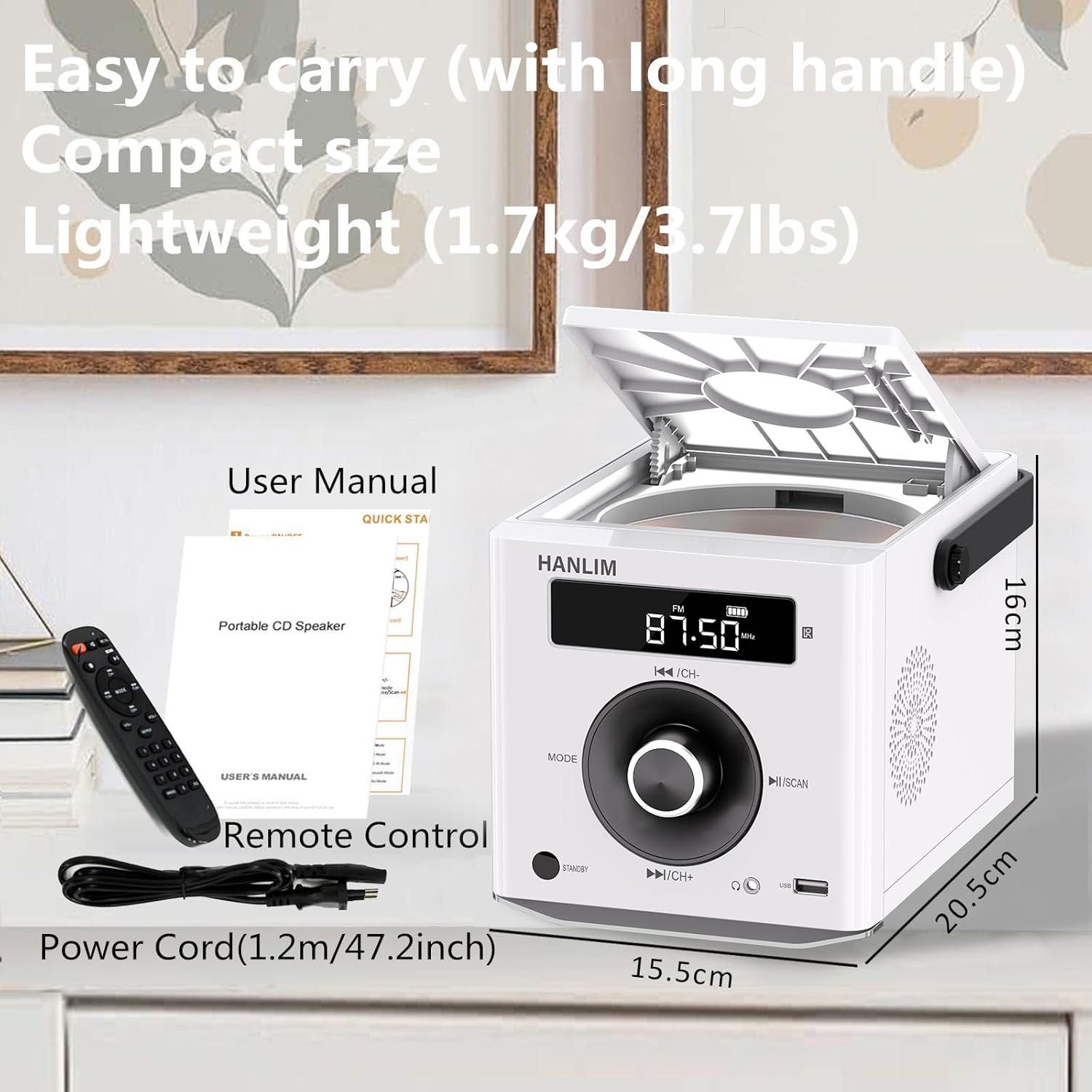 Преносим CD плейър Hanlim, Бял, 20W, FM радио/MP3, USB/AUX вход