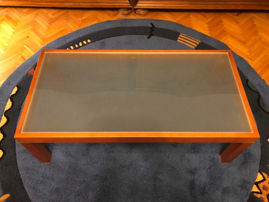 Masuta cafea lemn cires + cristal sablat + aluminiu, stare foarte buna