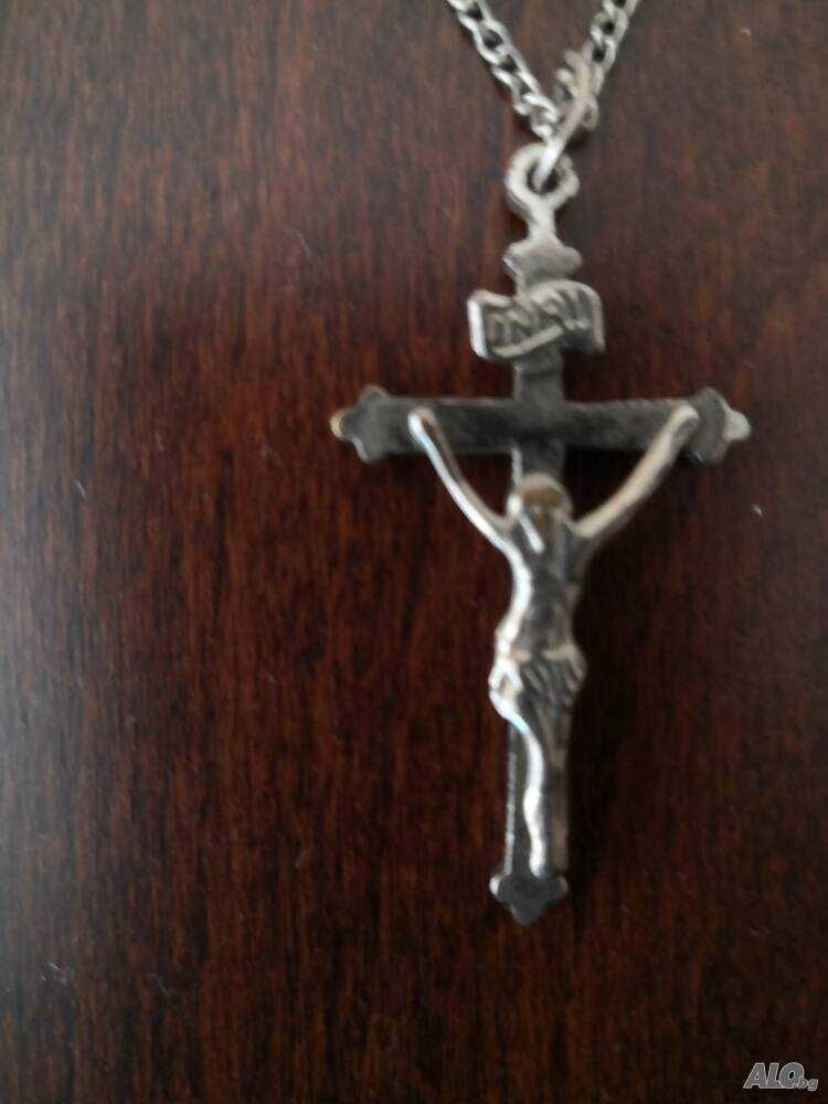 Продавам, Старинен сребърен кръст к-т с Исус - разпятие Христово