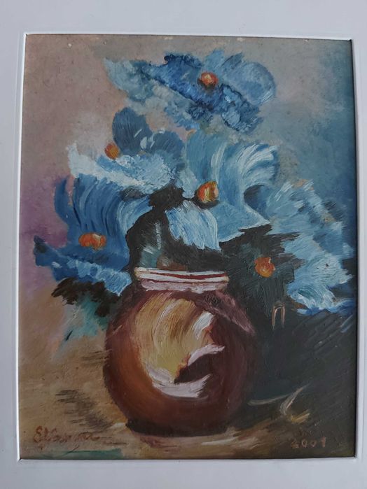 Tablou vechi pictat manual -  Vas cu flori (21x25 cm)