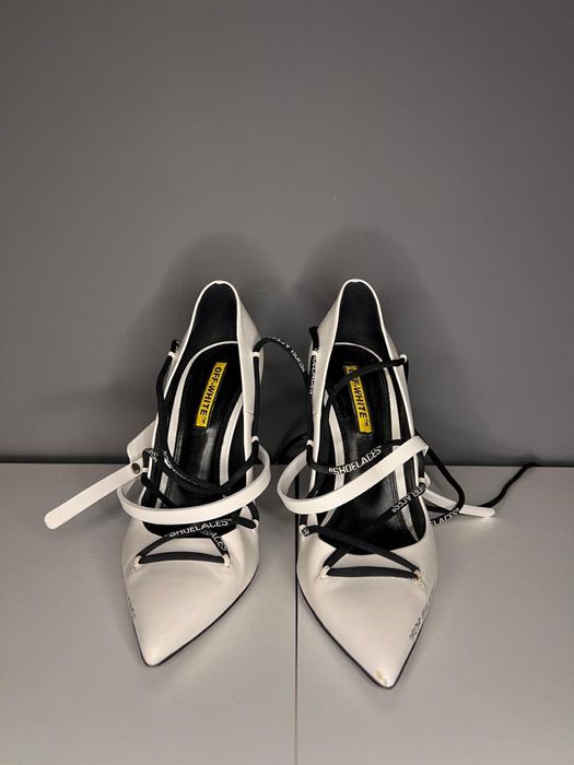 Off White Leather Pumps With Logoed Laces 12cm
