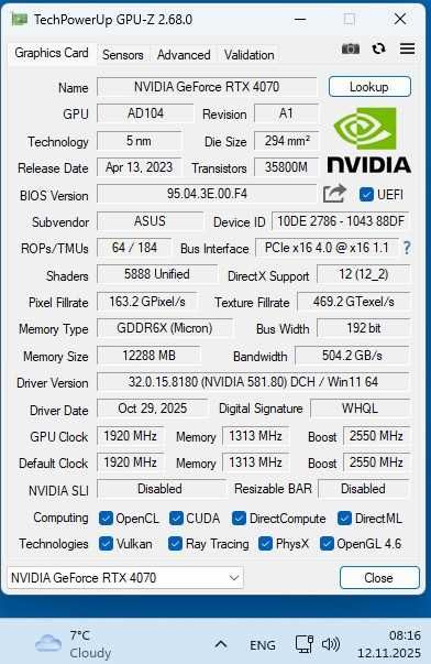 ASUS TUF Gaming GeForce RTX™ 4070 12GB GDDR6X OC Edition