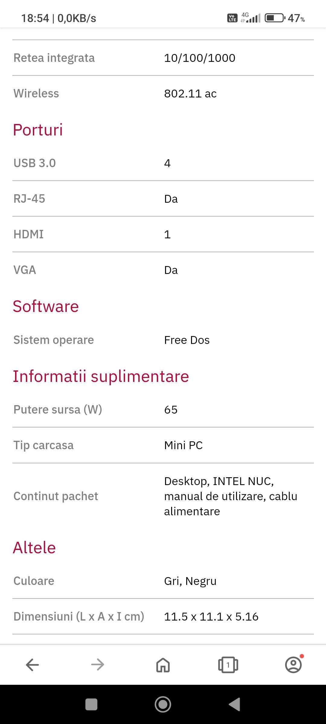 Sistem Desktop PC INTEL NUC Intel Celeron N3050  4GB, 500GB,