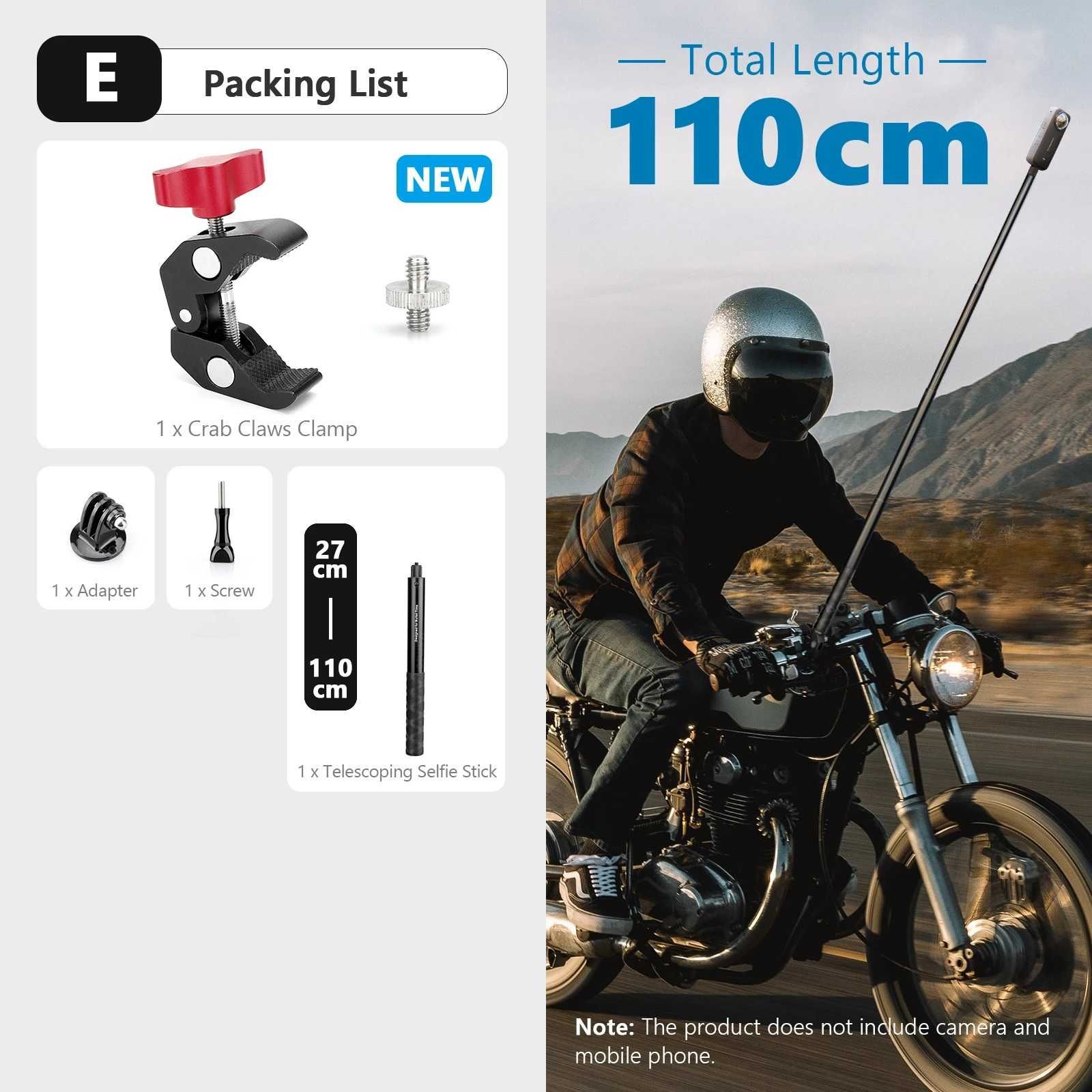 Set prindere motocicleta: selfie stick + clema prindere Insta360 X2 X3