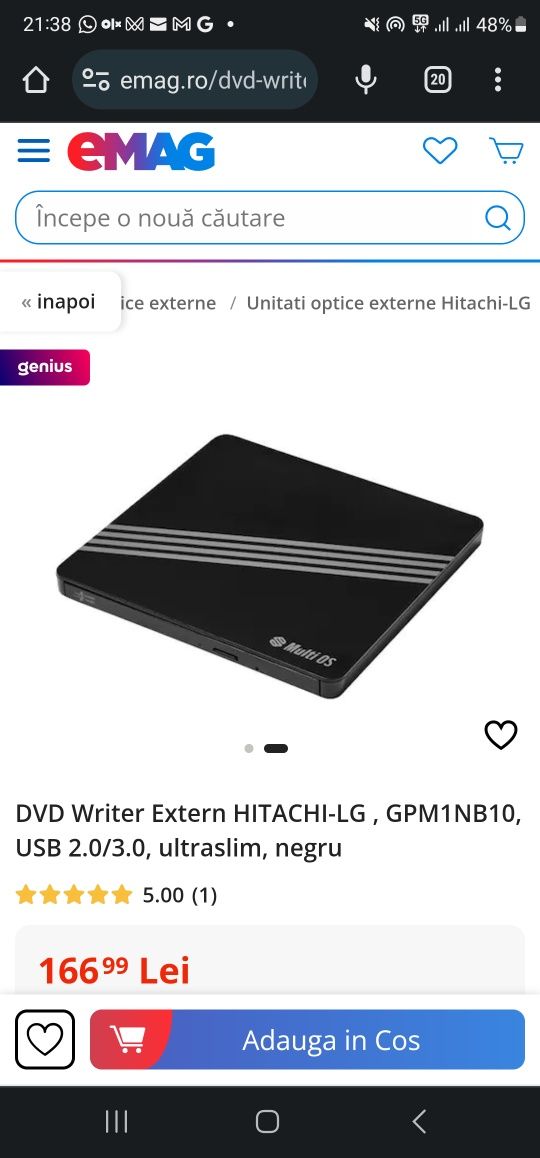 DVD Writer Extern HITACHI-LG , GPM1NB10, USB 2.0/3.0, ultraslim, negru