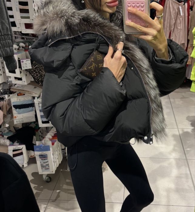 УНИКАЛНО зимно черно яке естествен косъм лисица гъши пух