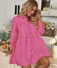 Розова риза рокля с дълъг ръкав С/М