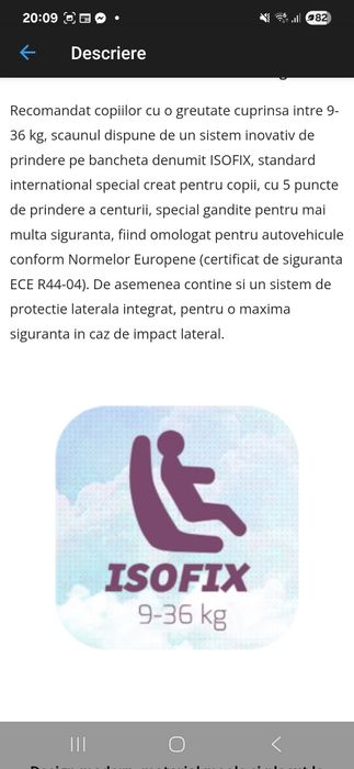 Scaun Auto ISOFIX  Wunderkid  9 -36 kg  im stare foarte bună 2 ani