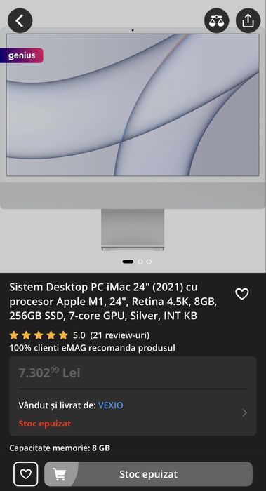 PC iMac Silver 24", procesor M1, 2021